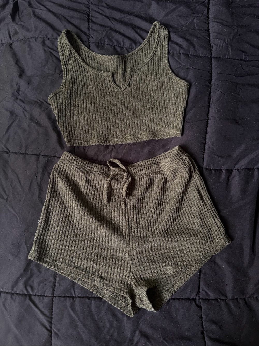 Ribbed Lounge Crop Tank and Shorts Set - Olive